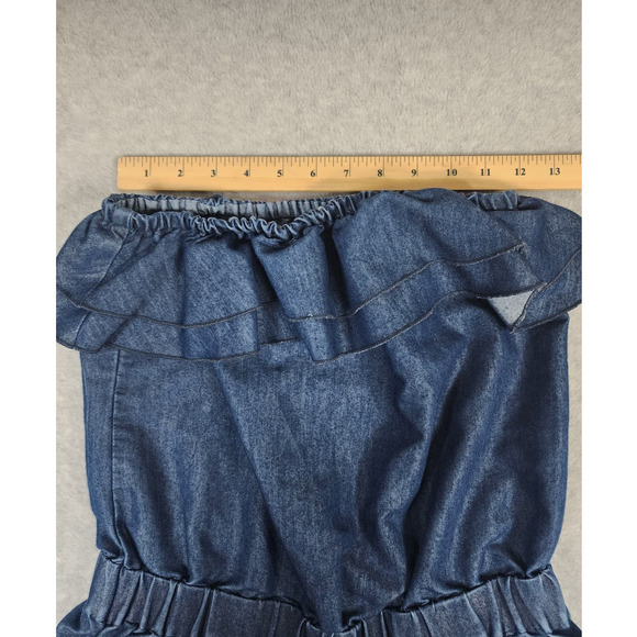 Gold Drama Girl's Sz M VTG Y2k Chambray Elastic Waist Strapless Jumpsuit - Picture 9 of 13